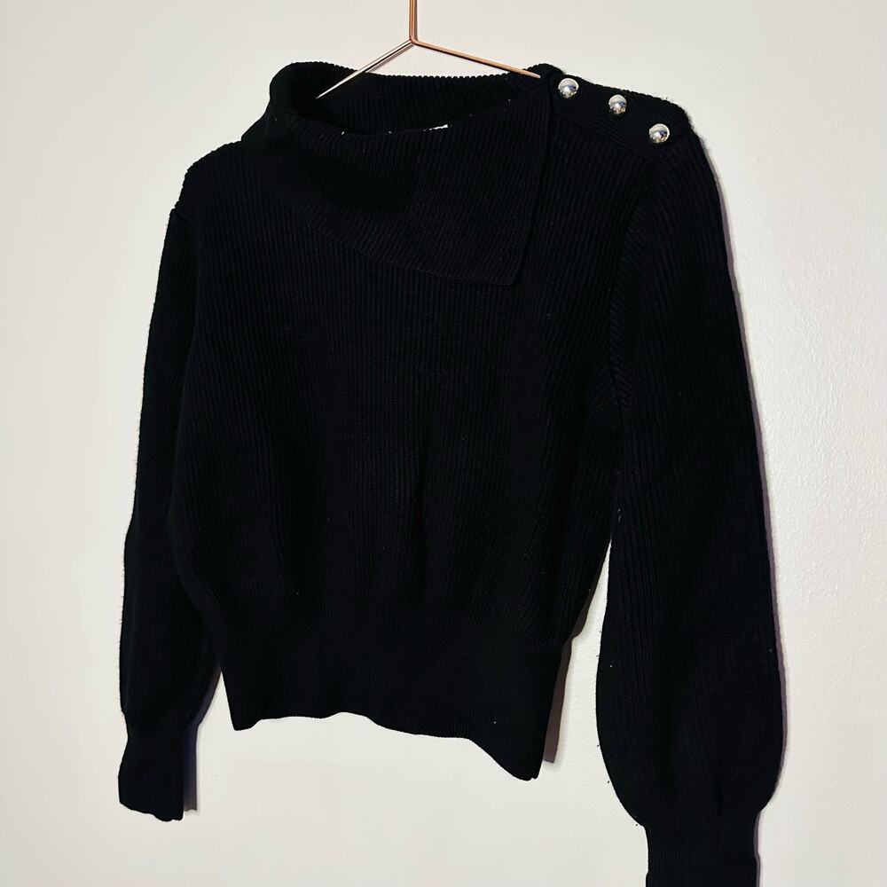 Milly Black Turtleneck Silver Button Accent Merino Wool Chunky Sweater Size L